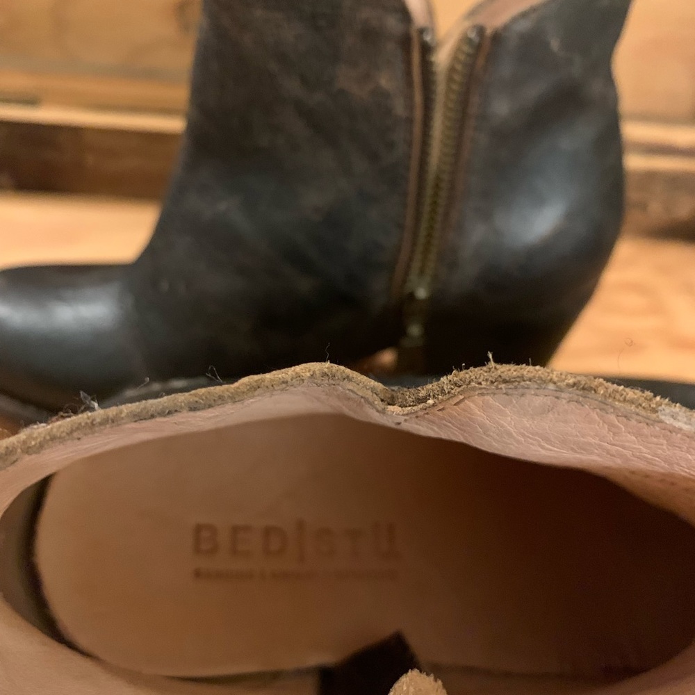 Bed Stu size 7 distressed black ankle heeled (about 2”) boots, side zip.
